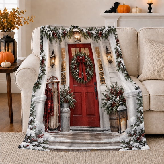 Snowy Farmhouse Christmas Porch Red Door Evergreen Wreath, Festive Holiday Scene, Warm Flannel Blanket for Ranch House and Living Room, Art Lovers Christmas Gift, Festive Home Decor