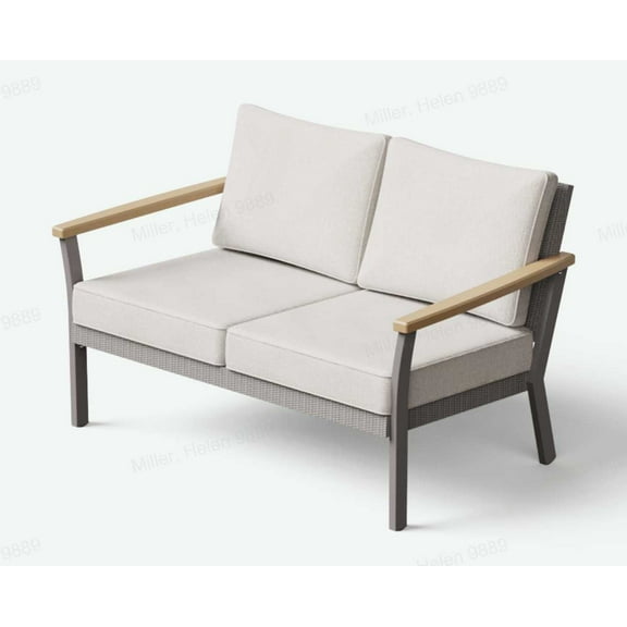 Sencillo Collection - Loveseat, 2-Seat Sofa, Lounge Chair, Patio Seat, with Faux Wood Armrests,Grey and Beige