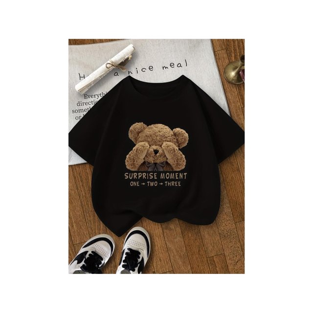 Women'S Casual Summer T-Shirt - "Surprise Moment" Blindfolded Bear Graphic, Short Sleeve, Round Neck, Polyester, Lightweight & Breathable, Perfect for 8-14 Year Olds, Youthful Fashion | Playful D