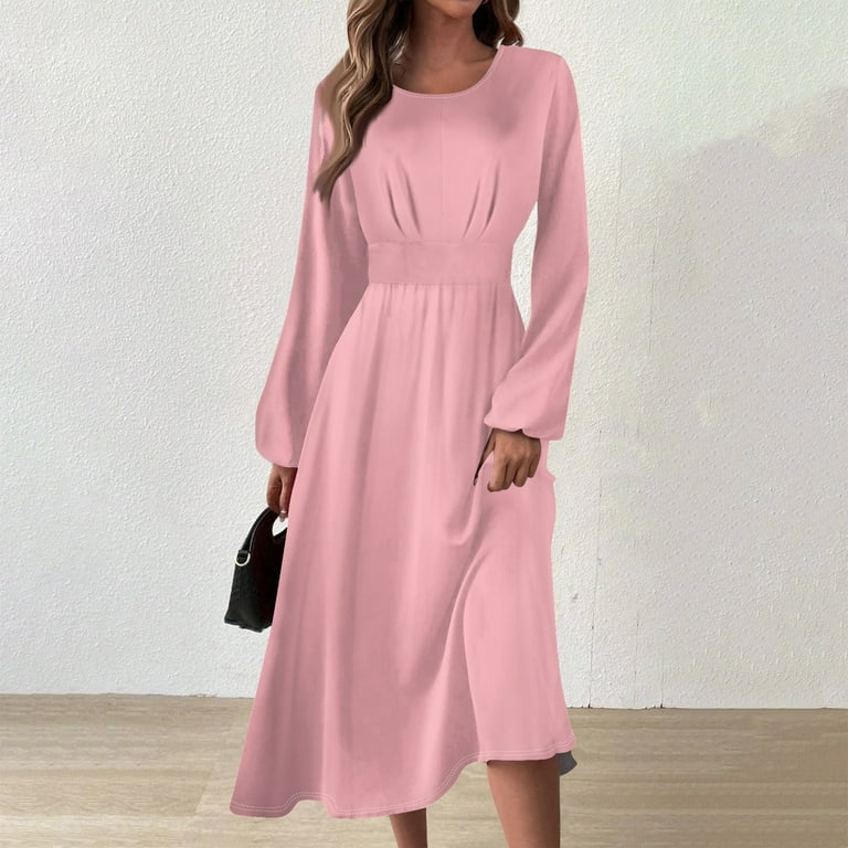 Fonma Women's Long Sleeves Maxi Dress Plain Empire Waist Casual Dress Loose  Fall/Winter Dresses Pink L - Walmart.com