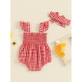 thumbnail image 5 of Musuos Baby Girl 2Pcs Summer Outfits 0-18Months Fly Sleeve Plaid Print Smocked Romper with Headband Set Newborn Clothes, 5 of 10