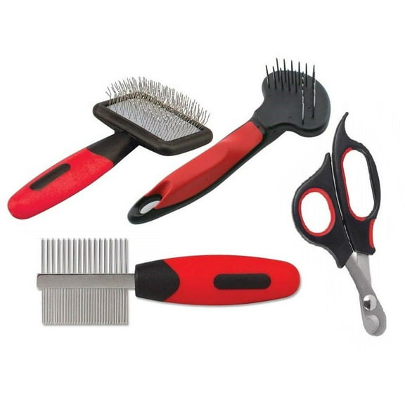 Small Dog Grooming Tool Kit 4 Piece Pro Set - Nail Scissor Slicker Brush & Combs