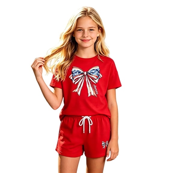 Tiijoy Girls Independence Day Short Sleeve T Shirt Shorts Set Summer Outfits, Sizes 2-14