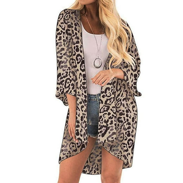 matoen Women's Cardigans Leopard Print Polyester Beach Cover 3/8 sleeve Regular Plus Size Tops Walmart.com