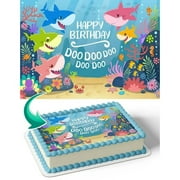Colorful Happy Birthday Baby Shark Doo Doo Doo Edible Image Cake Topper For Half Sheet Cake By TNCT