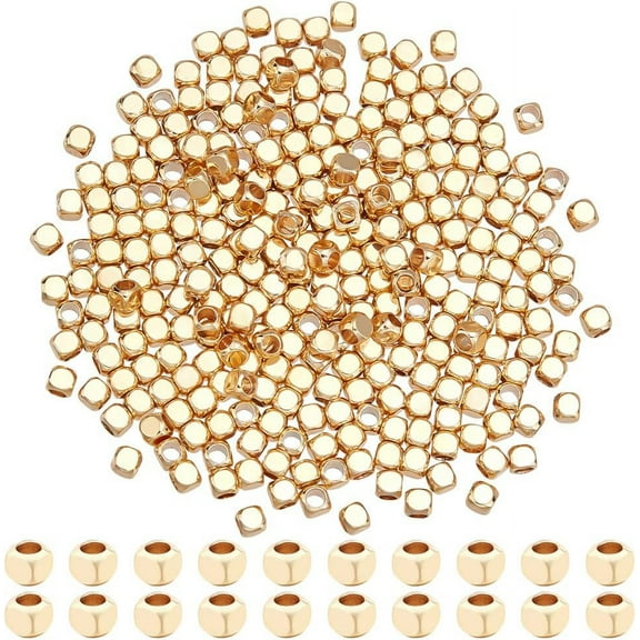 300 Pcs Real 18K Gold Plated Beads 2.5mm Gold Plated Brass Beads Square Smooth Spacer Beads Gold Metal Beads for Bracelet Necklace Earring Jewelry Making 1.6mm Hole DIY Real 18K Gold Plated