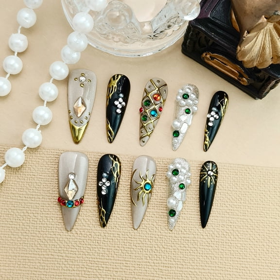 10Pcs Handmade Golden Press On Nails - luxury jewelry nail patch, artificial nails with gold, silver and black tones, and noble inlaid colorful pearls embellished with pasted fake nails, suitable for