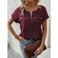 thumbnail image 2 of MORTTIC Women's V-Neck Zipper Top, Solid Color Short Sleeve Blouse for Office or Daily Wear, S, 2 of 3