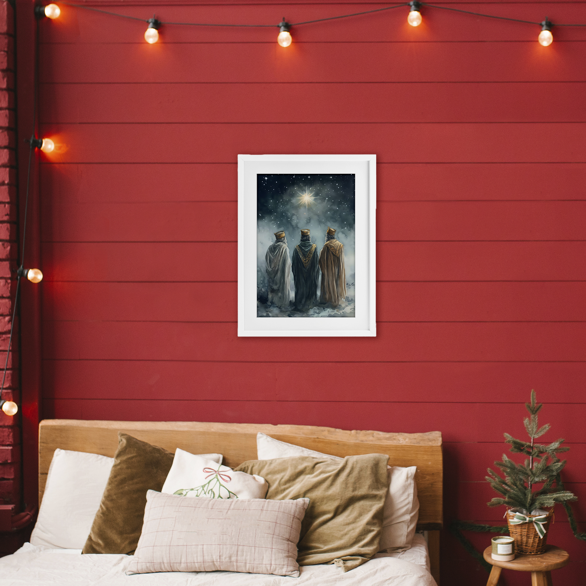 Three Wise Men & North Star White Framed Print Under Glass, design by Petal Prints Design
