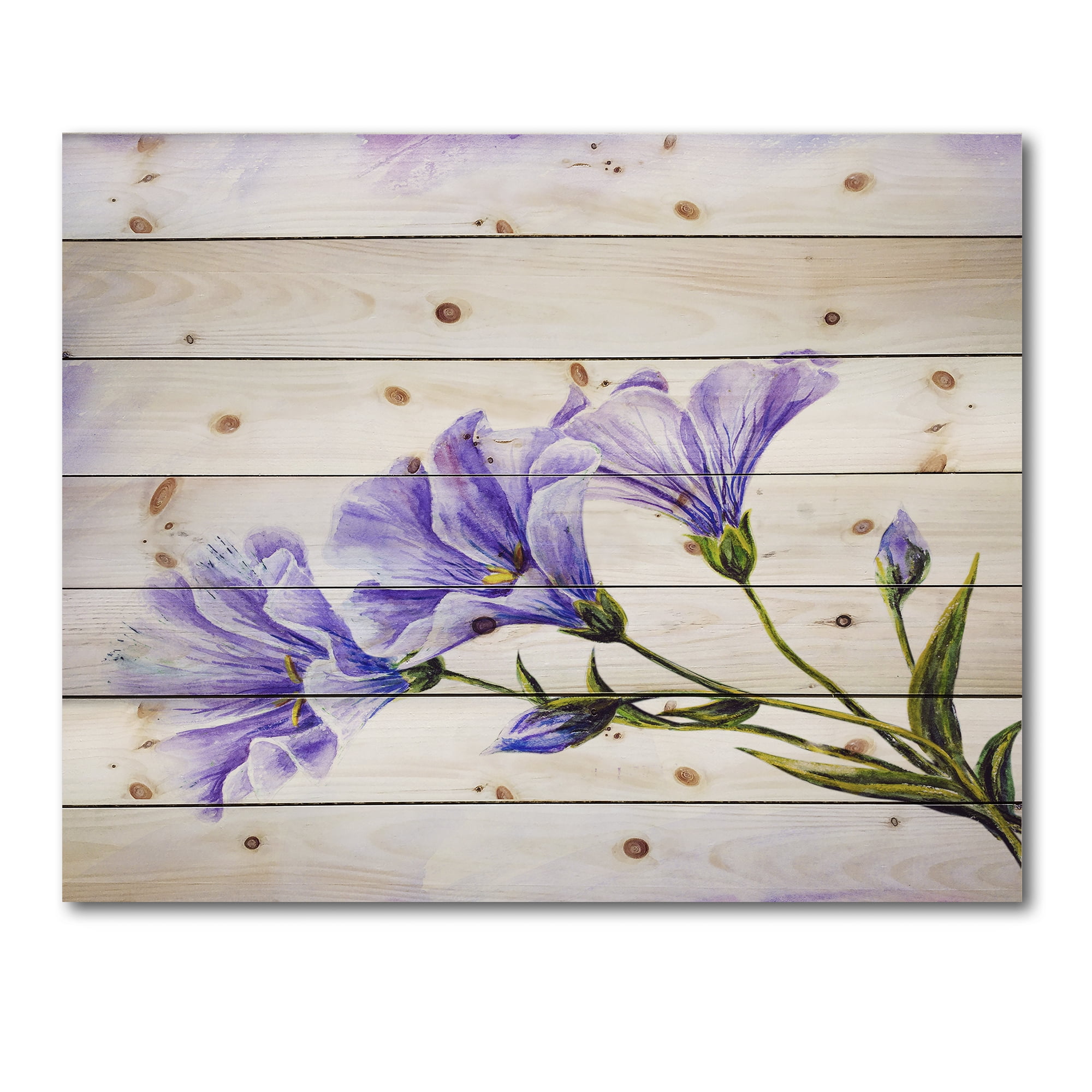 Designart 'Blue Wildflowers With Leaves II' Traditional Print on Natural Pine Wood
