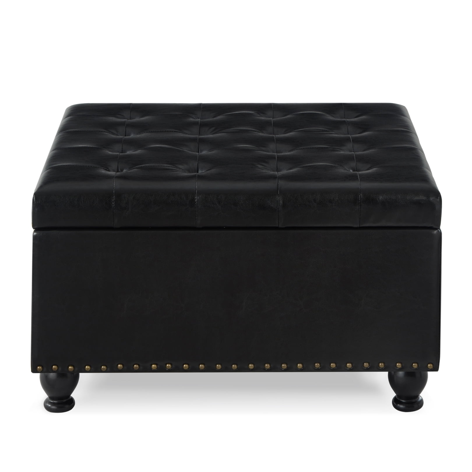 Ottoman with Storage, Large Square Coffee Table with Wooden Legs, Upholstered Button Tufted Storage Ottoman, Coffee Tables with Nail Trims for Living Room Bed Room Apartment, Black PU