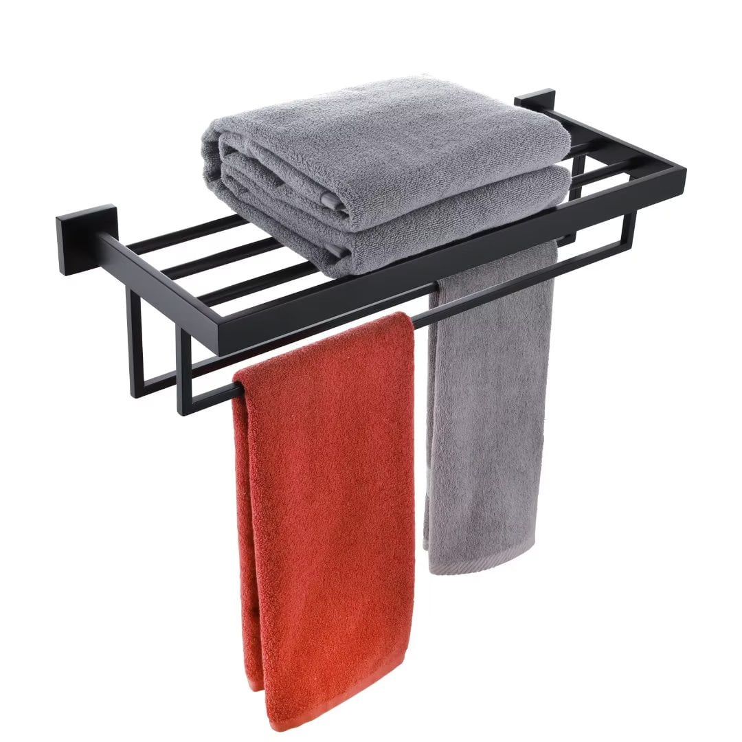 KOKOSIRI Matte Black Towel Rack 24'' Bathroom Towel Shelf with Double ...