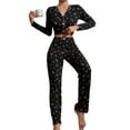 thumbnail image 4 of ZHENHONG Pajamas for Women, 2 Piece Long Sleeve Button Front V Neck Floral Print Lettuce Trim Pajama Set, Women's Sleepwear Black, 4 of 8