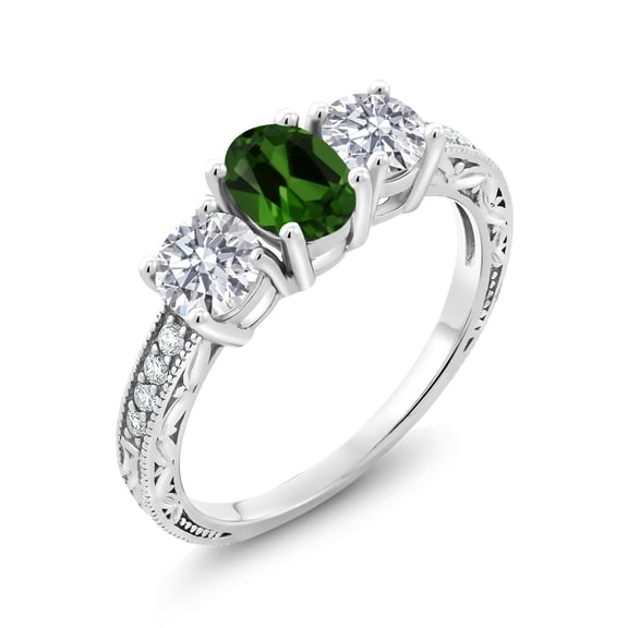 Gem Stone King 10K White Gold Green Chrome Diopside and Lab Grown Diamond Engagement Ring for Women | 1.82 Cttw | Oval 7X5MM | Gemstone Birthstone | Size 9