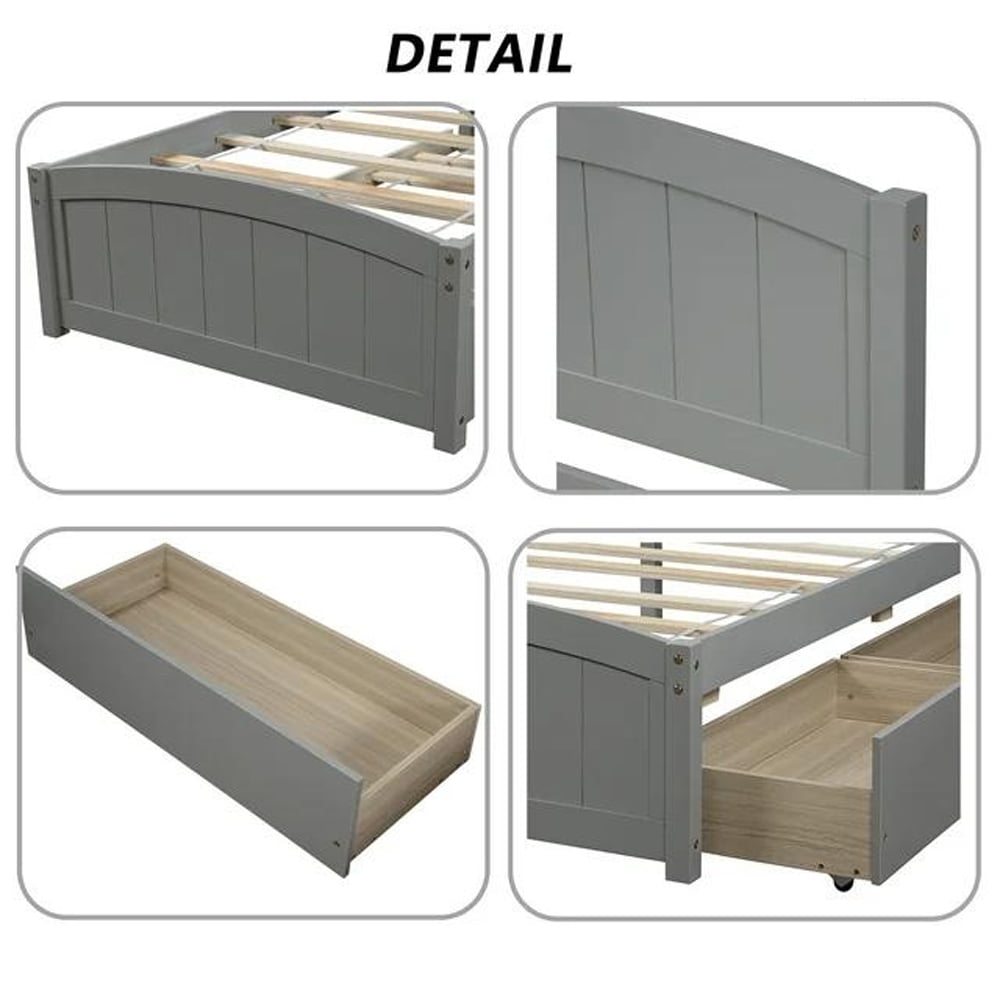 Gewnee Kids Wood Platform Bed,Twin Size Platform Bed with Headboard and Storage Drawers,Gray