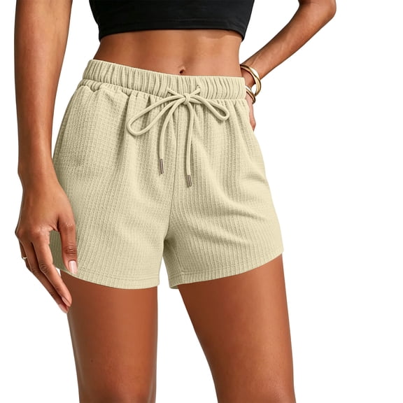WAGUTH Women's Waffle Knit Shorts Elastic High Waist Drawstring Wide Leg Shorts Casual Summer Soft Lightweight Sweat Shorts with Pockets,Beige,S