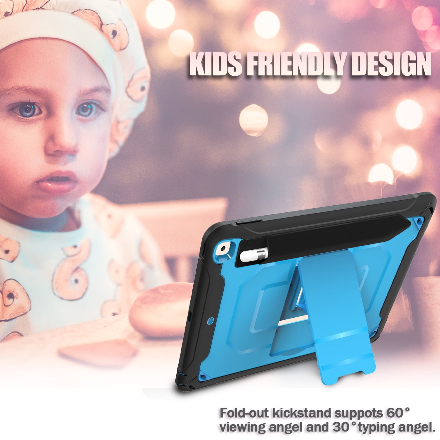 Allytech iPad Mini 5 Case, iPad Mini 4 Case, Dual Layers Full Protection Shockproof Pencil Holder Kids Friendly Shoulder Strap Kickstand Defender Case Cover for Apple iPad mini 5 / mini 4, Blue