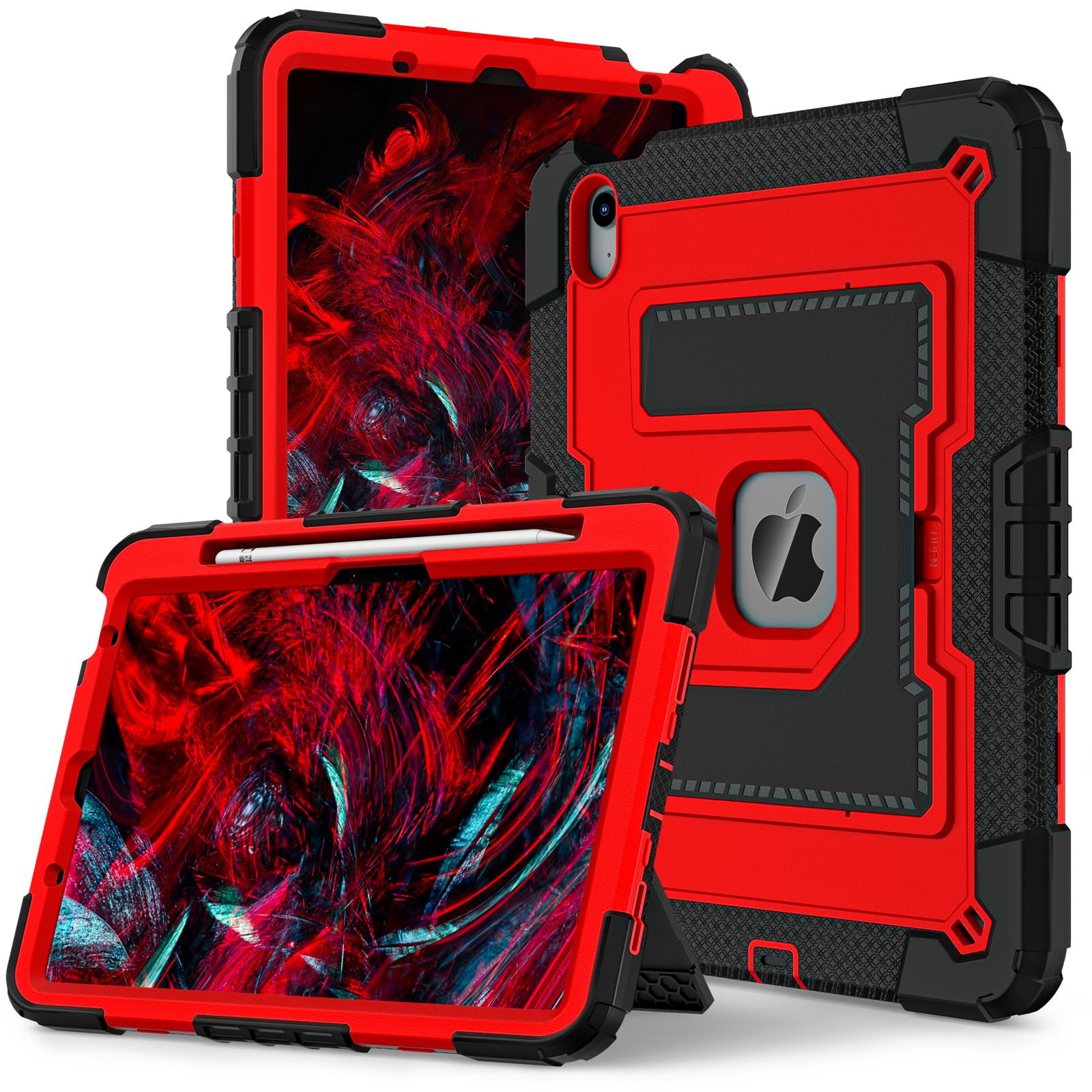 ELEHOLD 3-Layer Rugged Case For Apple iPad Air 11‑inch (M4) 2026, Heavy Duty Shockproof Logo Visible Foldable Kickstand Drop Protection Cover with Pencil Holder + Shoulder Strap, Black+Red