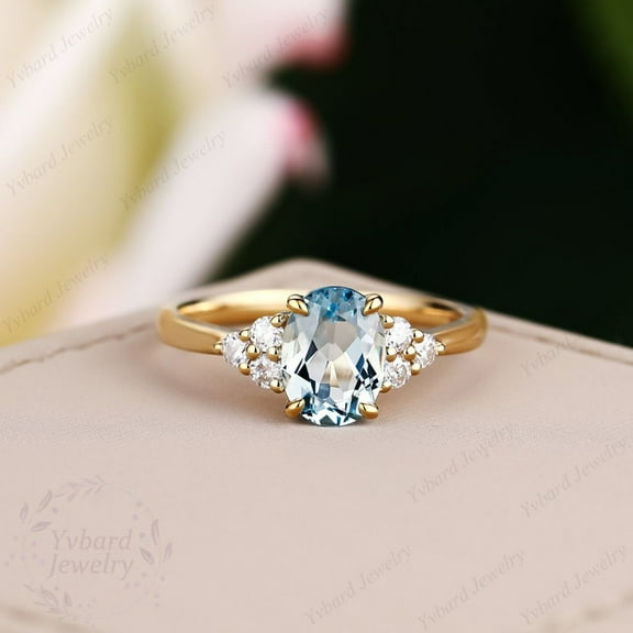 Aquamarine Engagement Ring, Halo Oval Aquamarine Ring Blue Gemstone Promise Ring