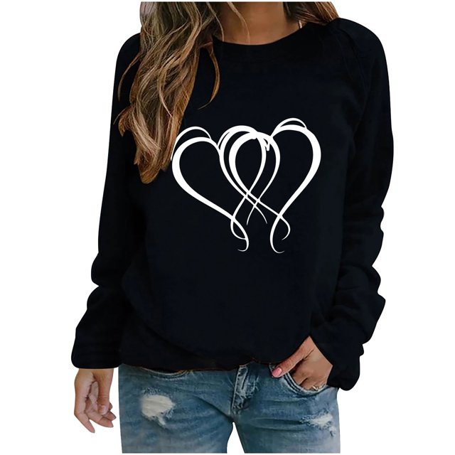 yoeyez Chandail de la Saint-Valentin pour Femmes avec Imprimé Cœur, Manches Longues, Décontracté, pour Adolescentes, T-Shirt Graphique Amusant pour la Saint-Valentin, Noir m