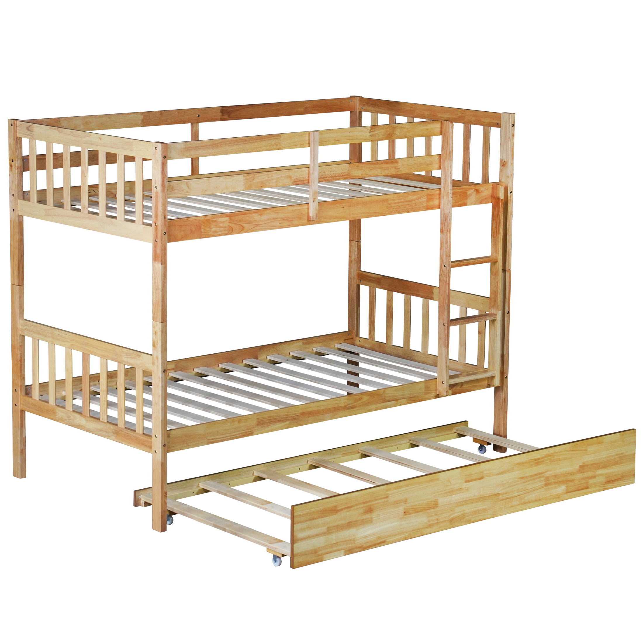 PORKISS Bunk Bed with Trundle, Twin Over Twin Bunk Bed Frame Can Convertible 2 Platform Bed, Wood Bunk Bed Built-in Ladder for Kids Teens Adults, Oak