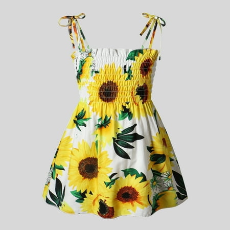 

PatPat Baby Girl 100% Cotton Allover Sunflower Print Shirred Cami Dress