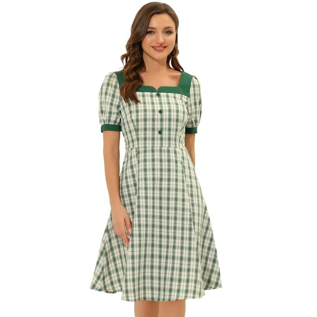 INSPIRE CHIC Robe d'Été Contrastée à Col Carré Manches Courtes Ligne A à Carreaux pour Femmes 1 S