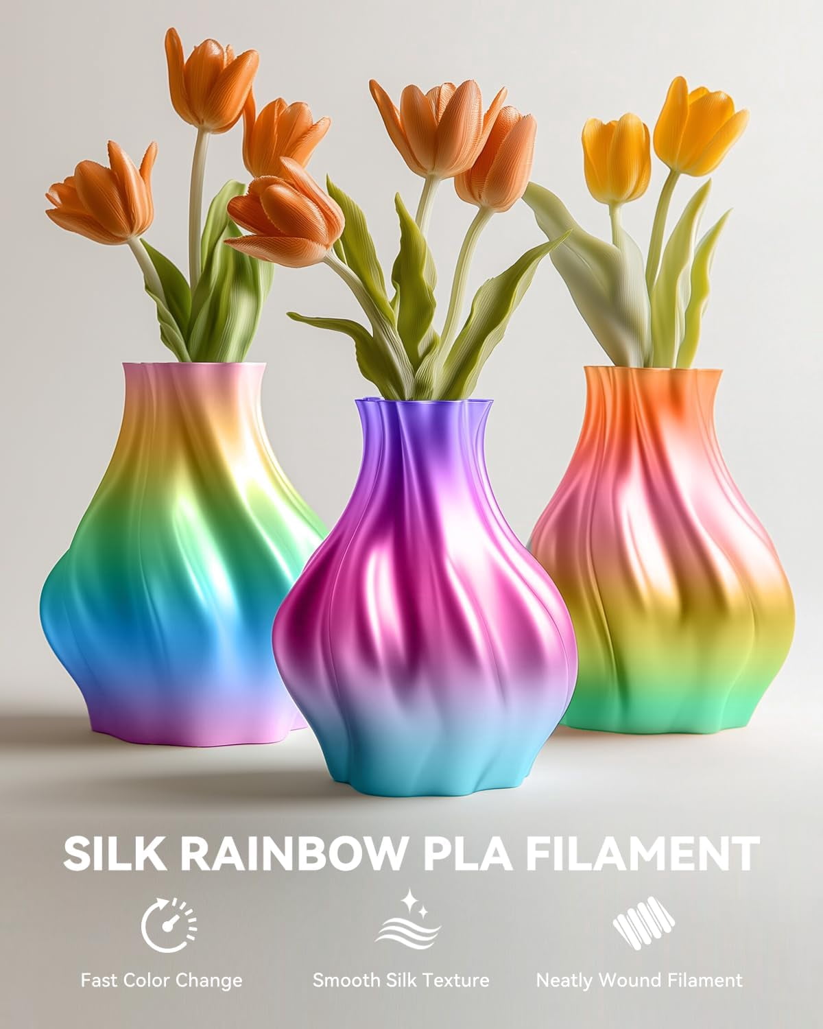 Silk Rainbow PLA Filament, Multicolor Silk 3D Printer Filament 1.75mm +/- 0.02mm, Fast Color Change Each 8 Meters, 330 Meters, 1kg/2.2lbs, Silk Rainbow Filament(Pink-Yellow-Blue-Green)