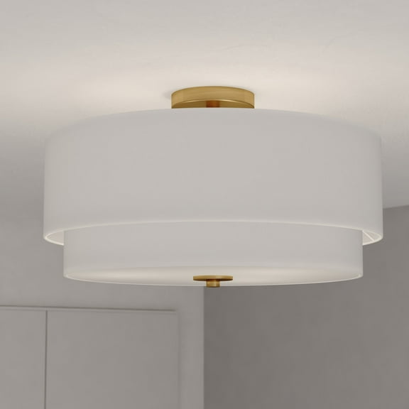 Burnaby 20.5-in W Brass Mid-Century Modern Drum Semi Flush Mount Ceiling Light White Linen