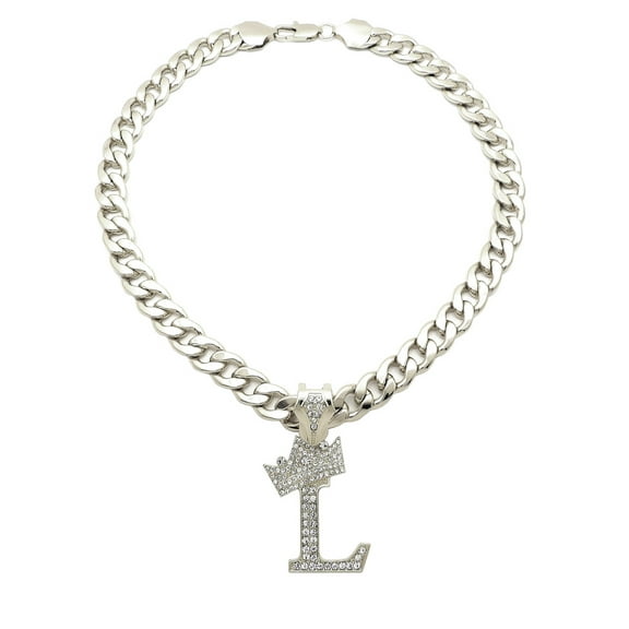 iJewelry2 Kings and Queens Crowned Initial Letter L Crystals Pendant Silver-tone Cuban Linked Chain Necklace