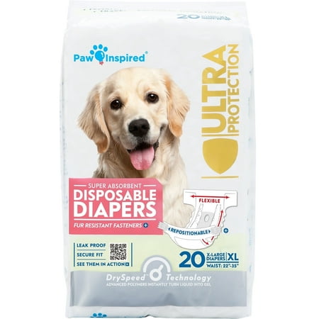 Paw Inspired Disposable Dog Diapers Female| Puppy  Doggie  Cat  Pet Diapers |Diapers for Dogs in Heat Period  Diapers that Stay on  Senior  Excitable Urination  or Incontinence (X-Large  20 Count)