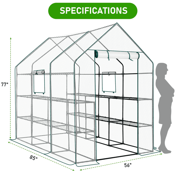 Alvantor Large Walk-In Greenhouse with PE Cover, 12-Shelf Indoor Outdoor Garden Plant Shelves, Roll-Up Door & Side Windows, 56"x85"x77"