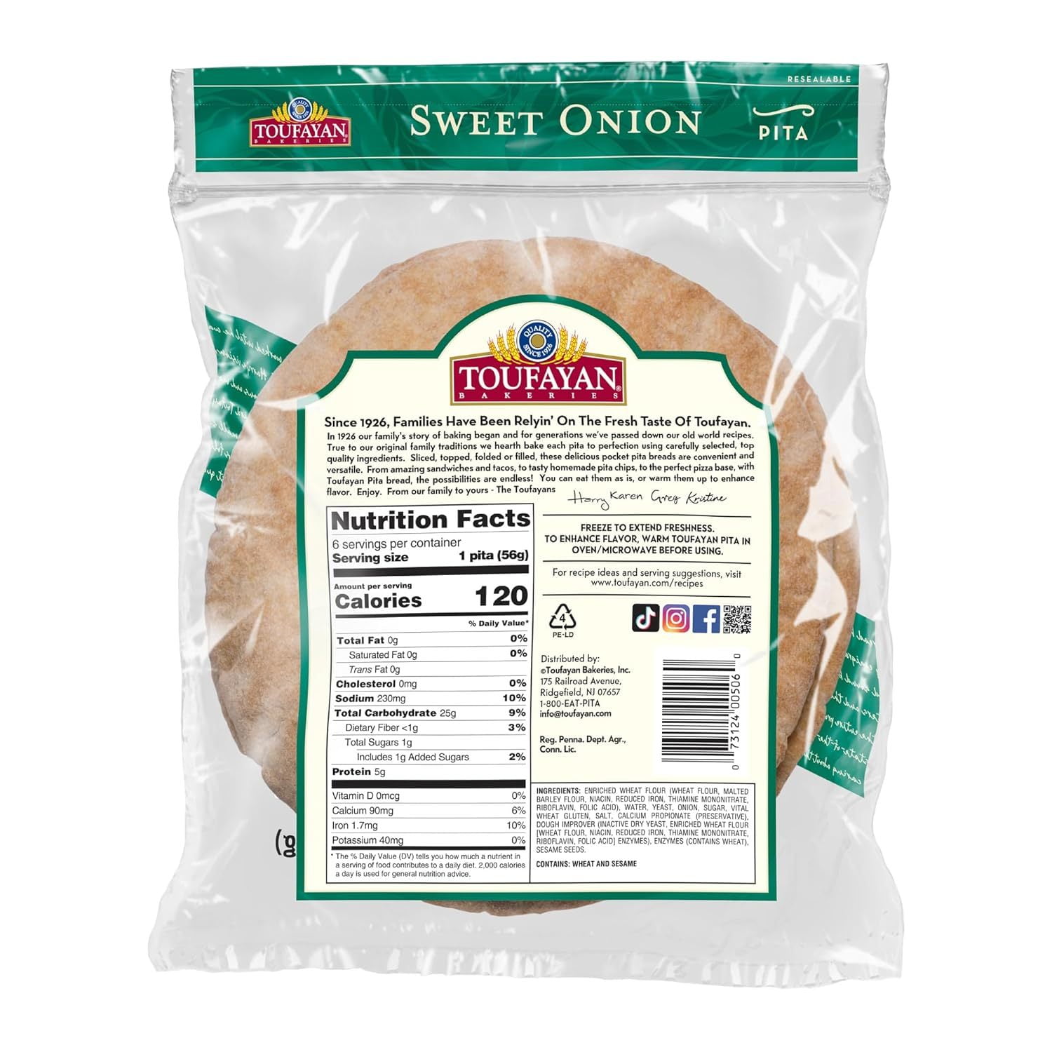 Toufayan Sweet Onion Pita Bread | Vegan | Kosher (3 Pack, 18 Wraps Total)