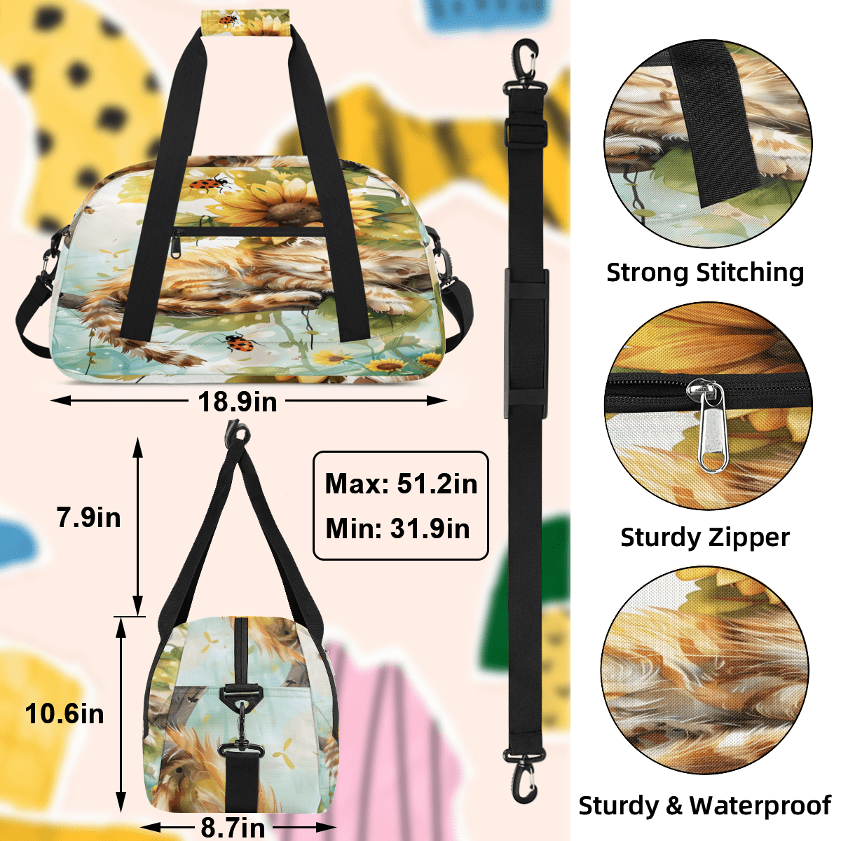 Herdesigns Cat Sunflower Sports Duffle Bag for Women & Men, Gym Bag Dance Bag Overnight Bag Carry On Weekender Travel Bag