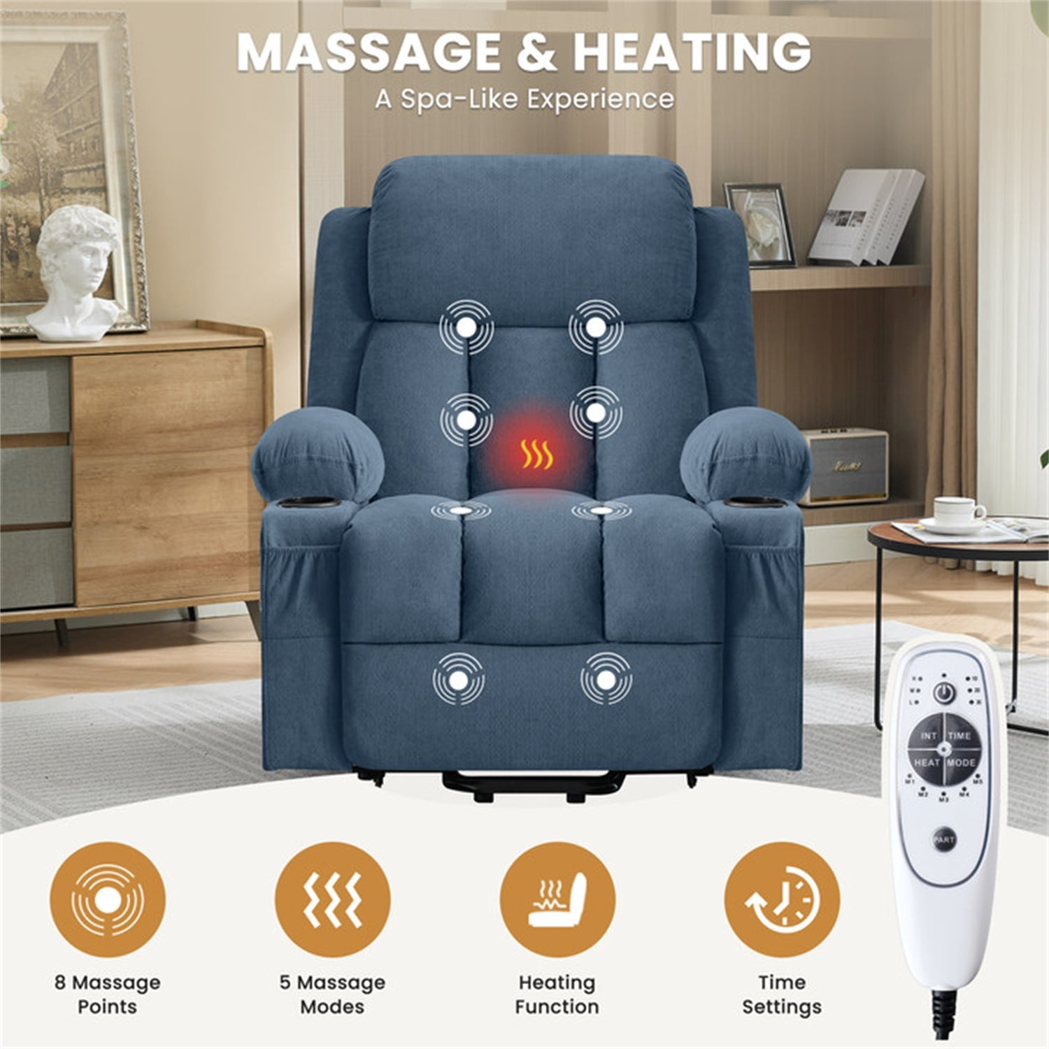 Alvantor Power Lift Recliner Chair for Elderly with Heat and Massage Single Sofa with Ergonomic, Side Pocket, Two Cup Holders for Living Room Blue