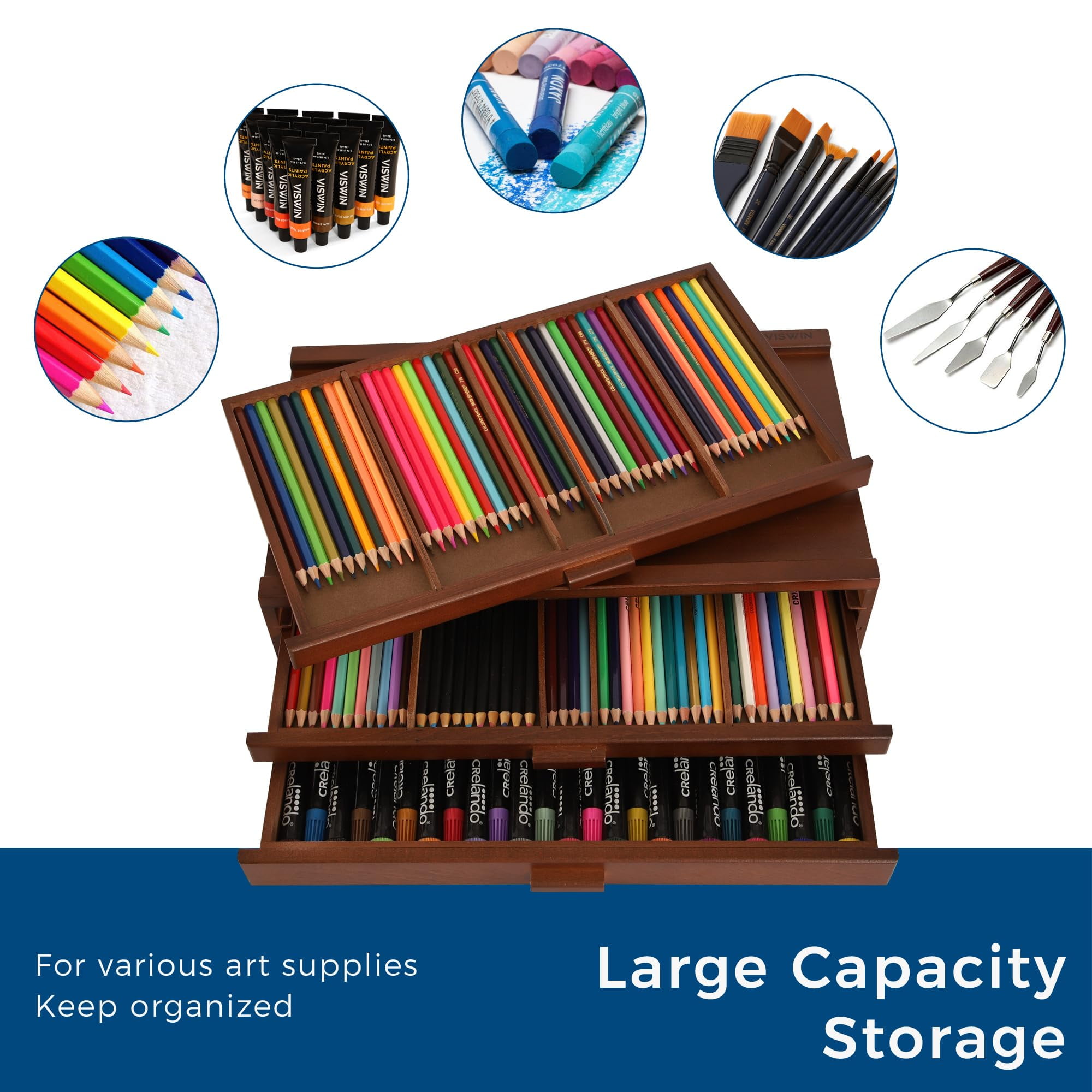 VISWIN 3-Drawer Wood Artist Supply Storage Box with Detach Dividers-Walnut