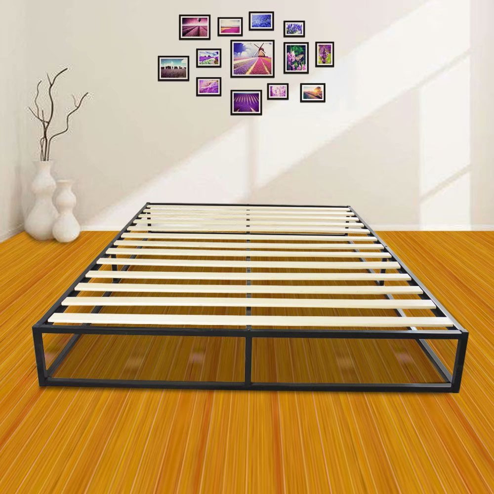 Queen Size Wood Slats Bed Frame Platform Headboard Footboard Furniture Black NEW