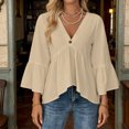 thumbnail image 1 of Xuyuer 3/4 Length Sleeve Womens Tops Summer V-Neck Blouses Spring Ruffle Sleeve Tunic T-Shirts Dressy Casual Work Business Work Blouses 2026 Trendy Basic Tunic Top Fit Solid Color Blouse, 1 of 8