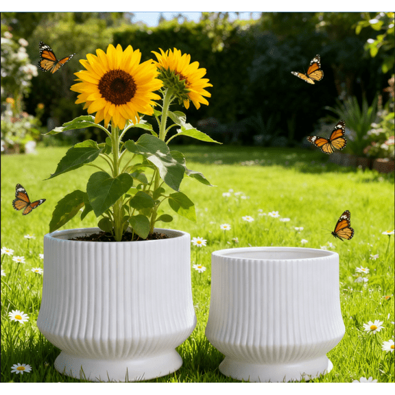 Ceramic Flower Pot 32 x 20.5cm Round White Ribbed 2 Count