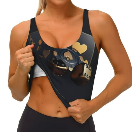 Qokaie Casino Cards Poker Pattern Womens Scoop Neck Sports Bra Breathable Workout Vest Padded U Back Medium Impact Fitness Gym Yoga Bra Workout Crop Top