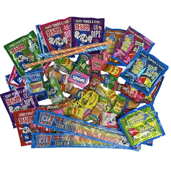 Sour Candy Variety Sampler Pack, Up to 30 Flavors | 60 Units Featuring Slush Puppy, Warheads, Icee, Nerds and more