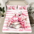 thumbnail image 2 of Manfei Romantic Flower Rose Twin Sheet Sets,Chic Women Perfume Twin Fitted Sheet,Pink White Stripes Line Flat Sheet For Girl,Luxury Bedroom Decor,3pcs, 2 of 7