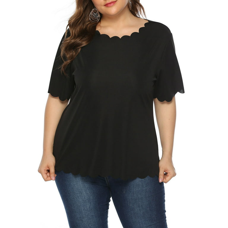 Plus Size Tops for Women Dressy Casual Lace Stitching Short Sleeve Crew  Neck Solid Blouse Tees Shirt Going out Tops (3X-Large, BlackA)