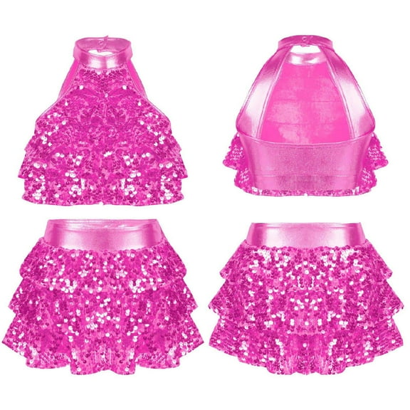 Alvivi Kids Girls Shiny Sequin Halter Neck Crop Tops wirh Skirt Set for Jazz Modern Dance Costume