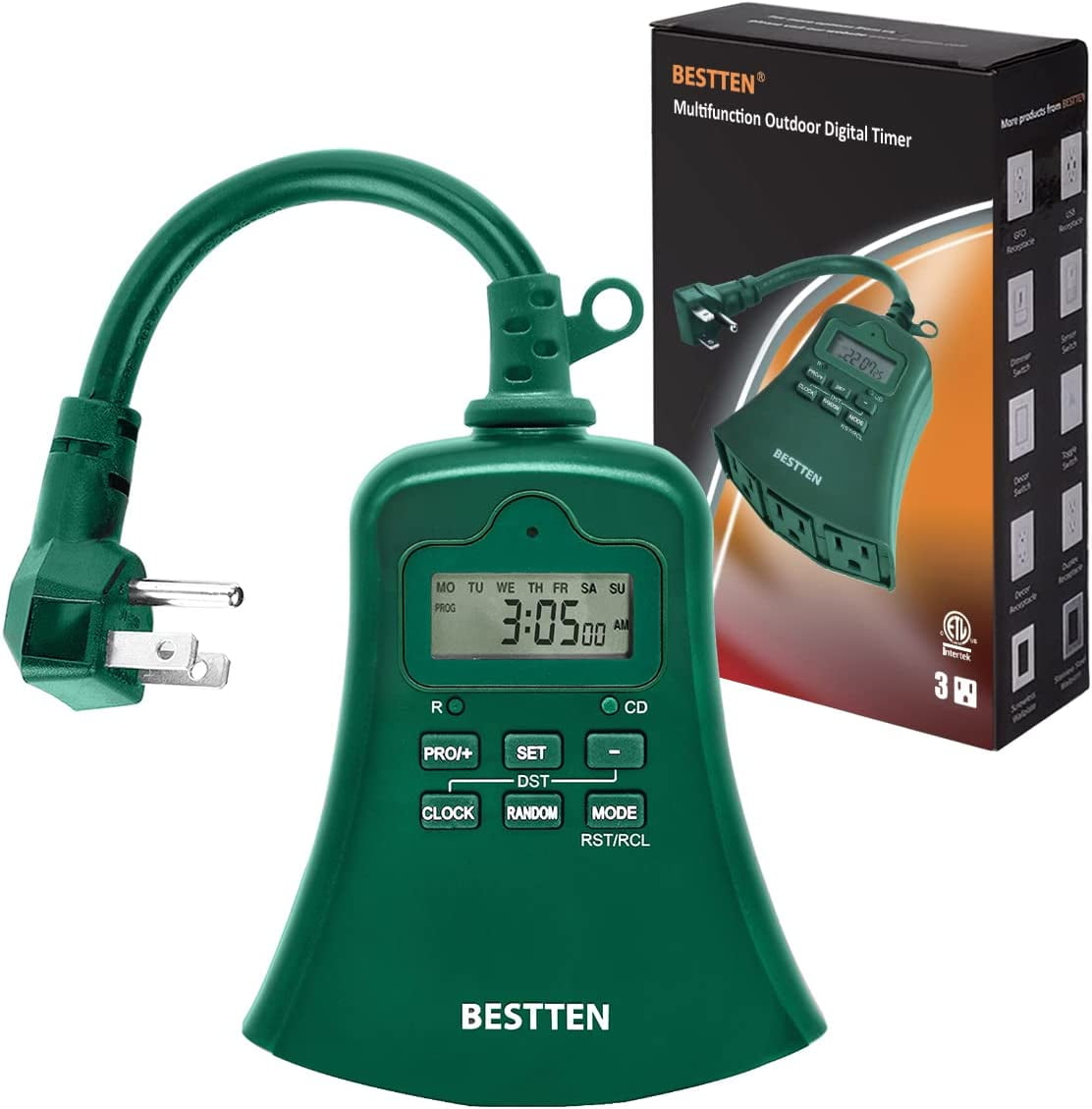 BESTTEN 7 Day Outdoor Heavy Duty Digital Programmable Timer with Clock