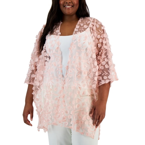 Plus Size Oversized Floral-Applique Side-Slit Sheer Cardigan Top Cherry Blossom 1SZ