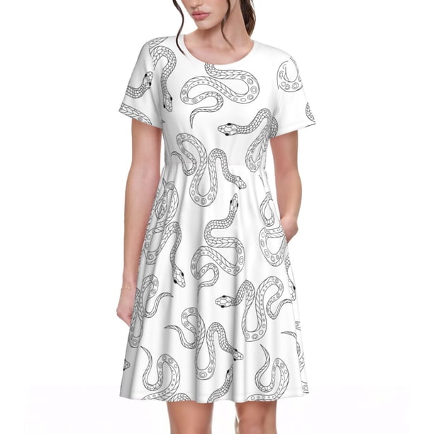 Easygdp Hand Drawn Snake para Vestido Transpirable de Mujer, Vestido Suelto de Manga Corta con Pliegues y Bolsillos para el Verano