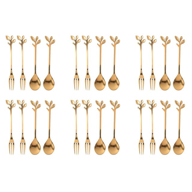 Vajilla Tenedor De Cuchara De Café De Hoja Dorada, Paquete De 24 (12 Cucharas, 12 Tenedores), Juego De Cuchara Y Tenedores para Expreso, 4,7