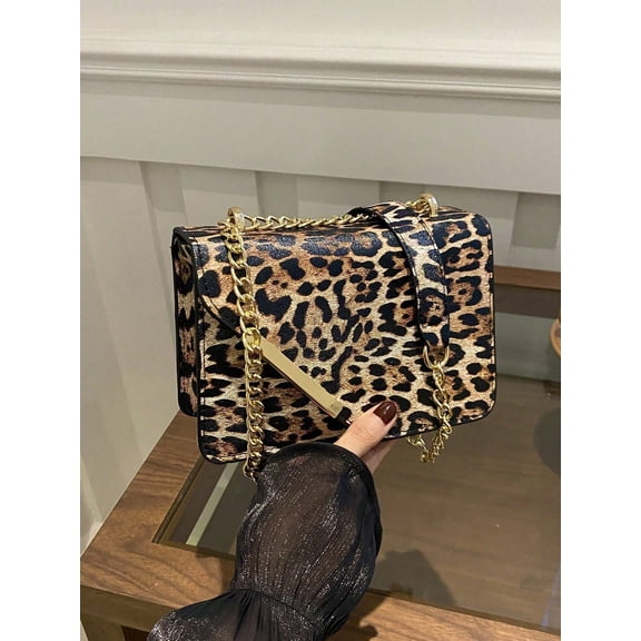 Wynndora Leopard Print Contrast Stitch Shoulder Bag, Mini Chain Crossbody Purse