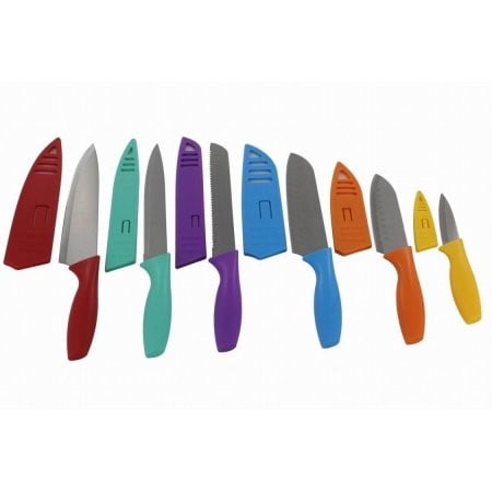 Lightahead Stainless Steel Kitchen Colored Knife Set 6 Knives set with PP shell- Chef, Bread, Carving, Paring, and 2 Santoku Knife Cutlery Sets - Multicolor Sharp Vibrant Stylish Kitchen (Best Small Paring Knife)
